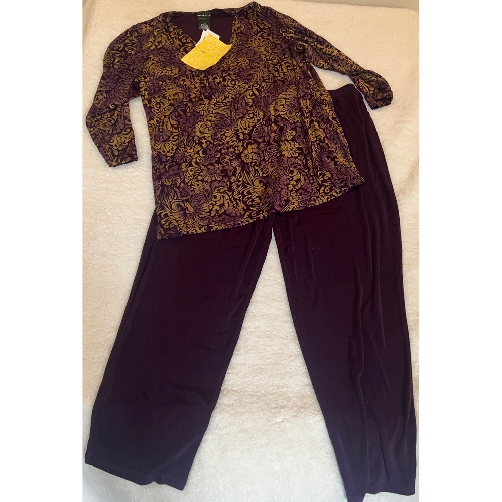 Citiknit Womens Purple Gold Damask Print Tunic and Wide Leg Pants Set Size L NEW